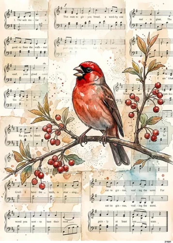 Papier ryżowy do decoupage A5 Ptaszek na gałązce i nuty 21581
