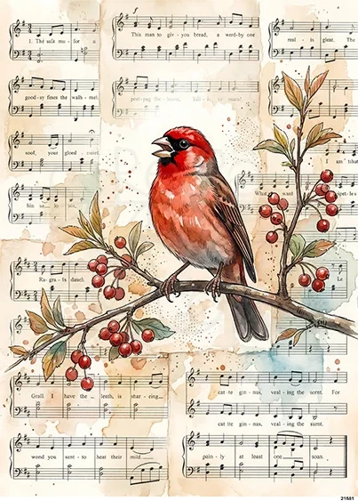 Papier ryżowy do decoupage A5 Ptaszek na gałązce i nuty 21581
