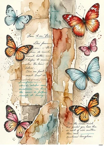 Papier ryżowy do decoupage A5 Motyle i pismo retro 21522