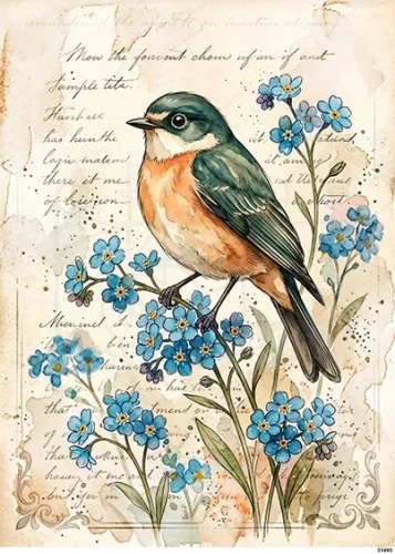Papier ryżowy do decoupage A5 Ptaszek i kwiaty niezapominajki 21493