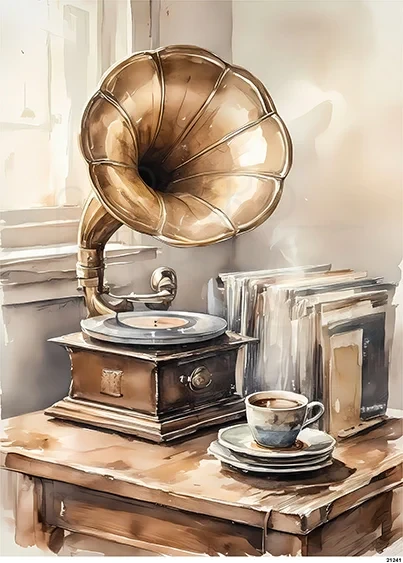Papier ryżowy do decoupage A5 Filiżanka z kawą i gramofon retro 21241