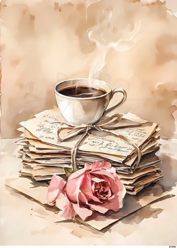 Papier ryżowy do decoupage A5 Filiżanka z kawą listy i róża retro 21235