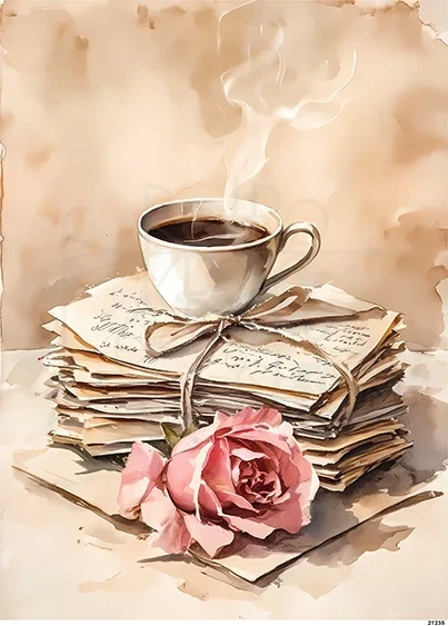 Papier ryżowy do decoupage A5 Filiżanka z kawą listy i róża retro 21235