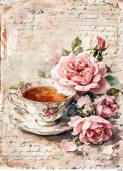 Papier ryżowy do decoupage A5 Filiżanka z kawą i róże retro 21214