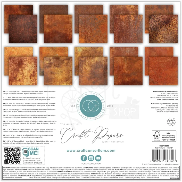Zestaw papierów 30x30 Rust Textures CCEPAD043 Craft Consortium