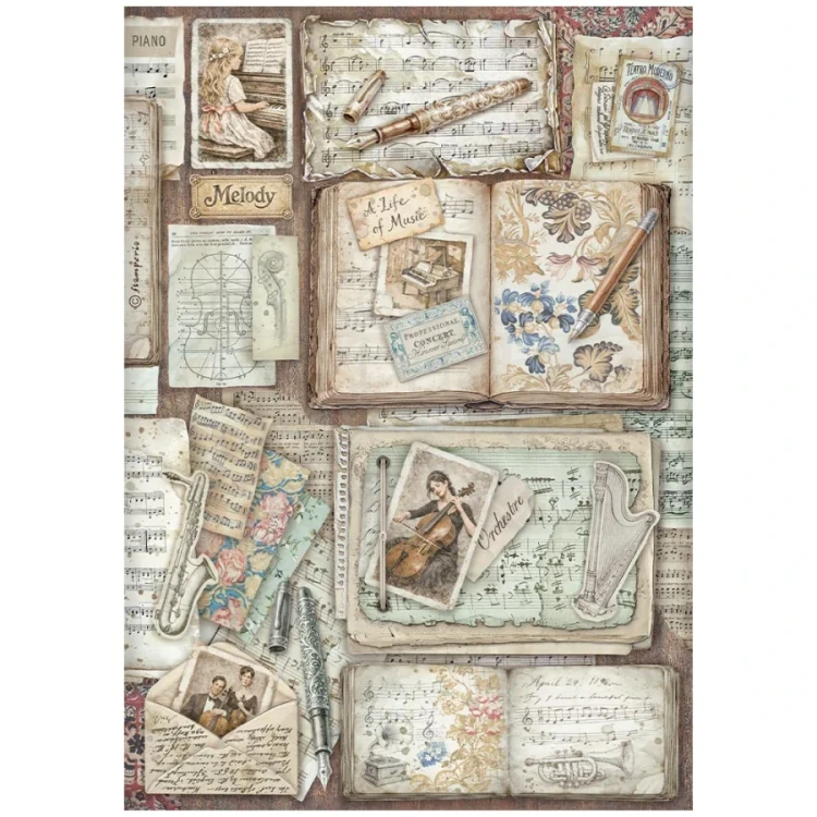 Papier ryżowy do decoupage A4 Symphony Listy i książki DFSA41128 Stamperia