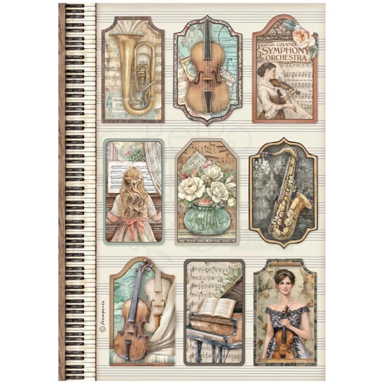 Papier ryżowy do decoupage A4 Symphony Tagi DFSA41126 Stamperia