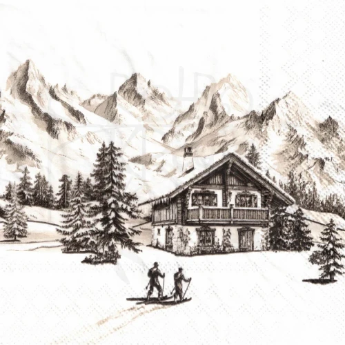 Serwetka 33x33 - Góry schronisko i narciarze retro