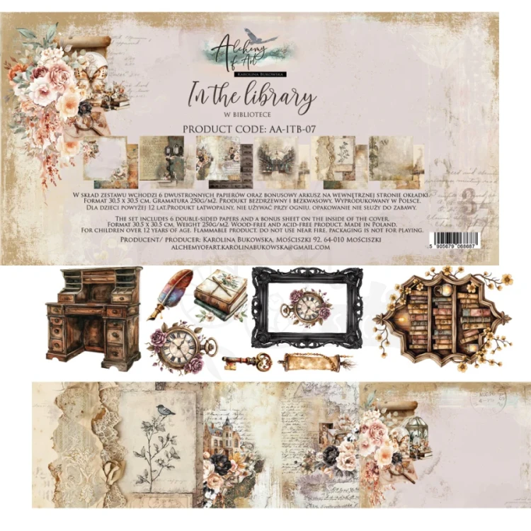 Zestaw papierów do scrapbookingu 30x30 In the library - AA-ITB-07 Alchemy of Art