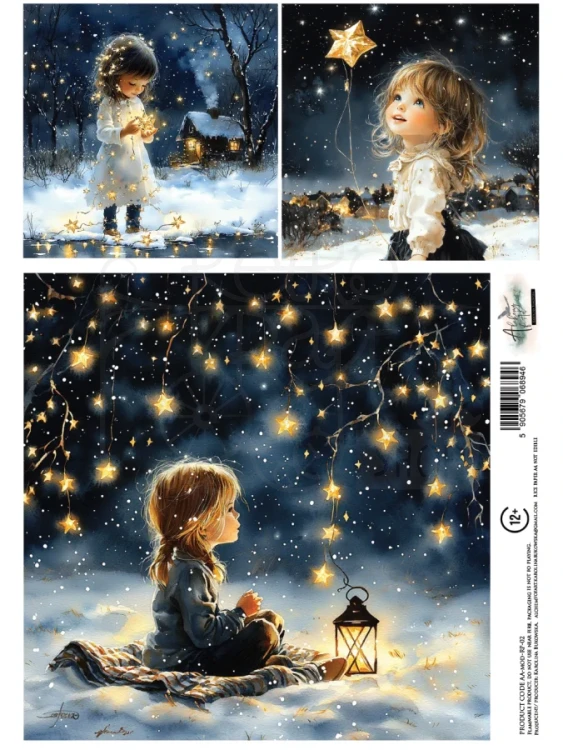 Papier ryżowy do decoupage A4 The Magic of December - Dziewczynki i gwiazdki AA-MOD-RP-02 Alchemy of Art