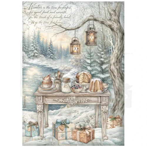 Papier ryżowy do decoupage A4 White Christmas Stół nad wodą DFSA41145 Stamperia