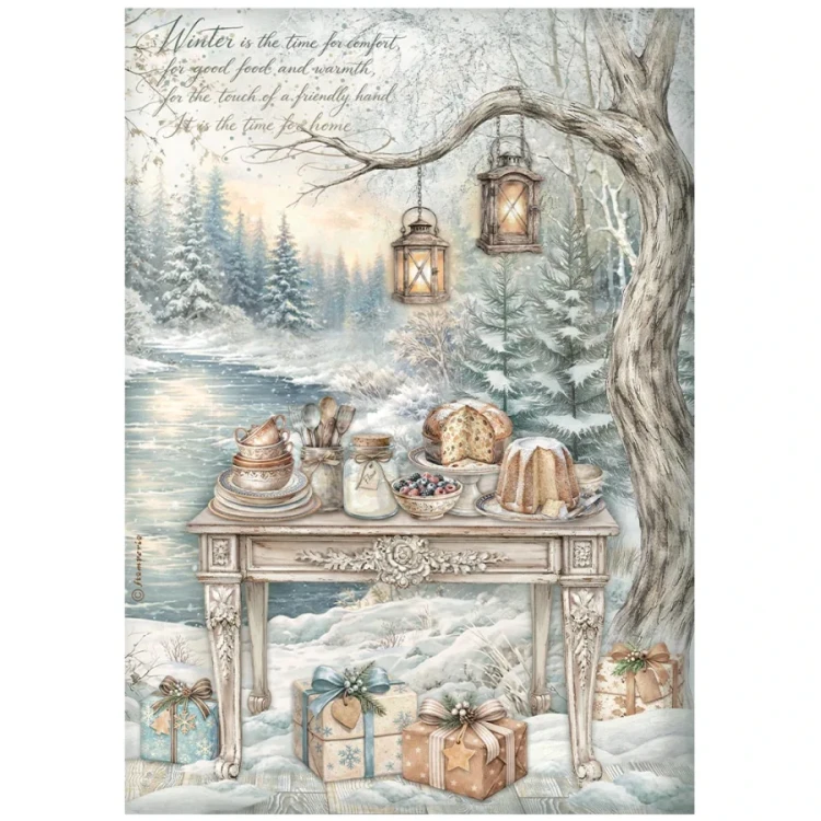 Papier ryżowy do decoupage A4 White Christmas Stół nad wodą DFSA41145 Stamperia