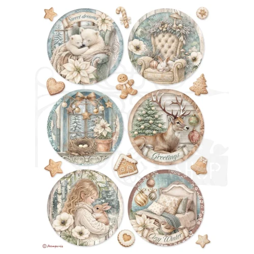 Papier ryżowy do decoupage A4 White Christmas 6 dekorów okrągłych DFSA41144 Stamperia