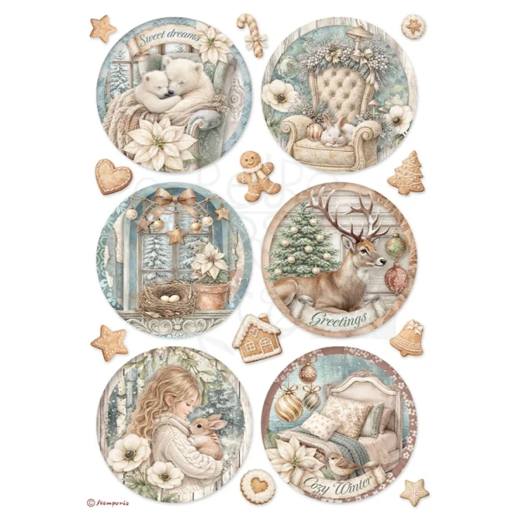 Papier ryżowy do decoupage A4 White Christmas 6 dekorów okrągłych DFSA41144 Stamperia