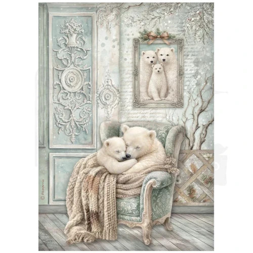Papier ryżowy do decoupage A4 White Christmas Słodkie misie DFSA41143 Stamperia