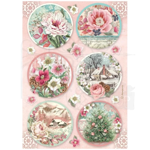 Papier ryżowy do decoupage A4 Winter Magic Dekory okrągłe DFSA41136 Stamperia