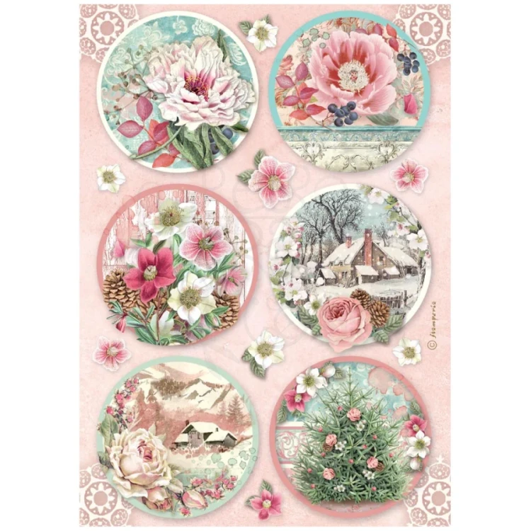 Papier ryżowy do decoupage A4 Winter Magic Dekory okrągłe DFSA41136 Stamperia