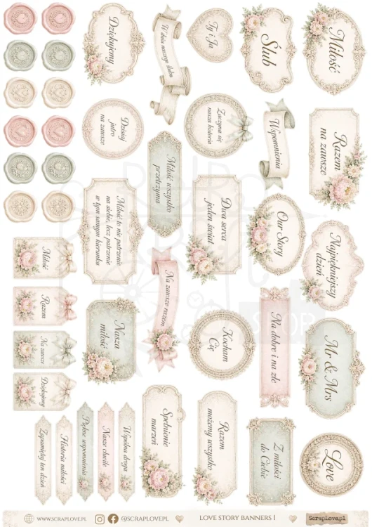 Papier ryżowy do decoupage A4 Love Story Banners 1 LSPBA1 ScrapLove