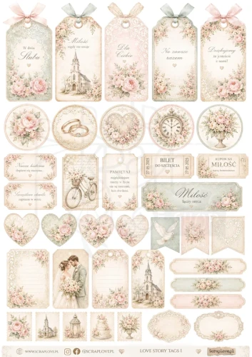Papier ryżowy do decoupage A4 Love Story Tags 1 LSPT1 ScrapLove