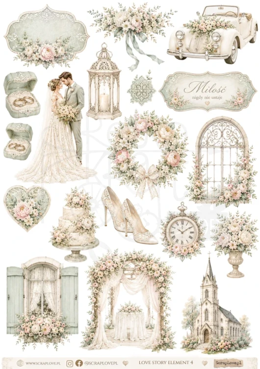 Papier do scrapbookingu A4 Love Story Elements 4 LSPE4 ScrapLove