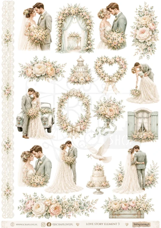 Papier ryżowy do decoupage A4 Love Story Elements 2 LSPE2 ScrapLove
