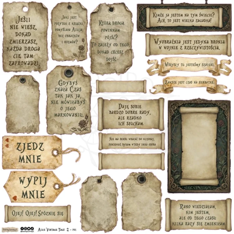 Naklejki papierowe do scrapbookingu i art journalingu Alice Vintage Tags Text Pol 1 ScrapLove