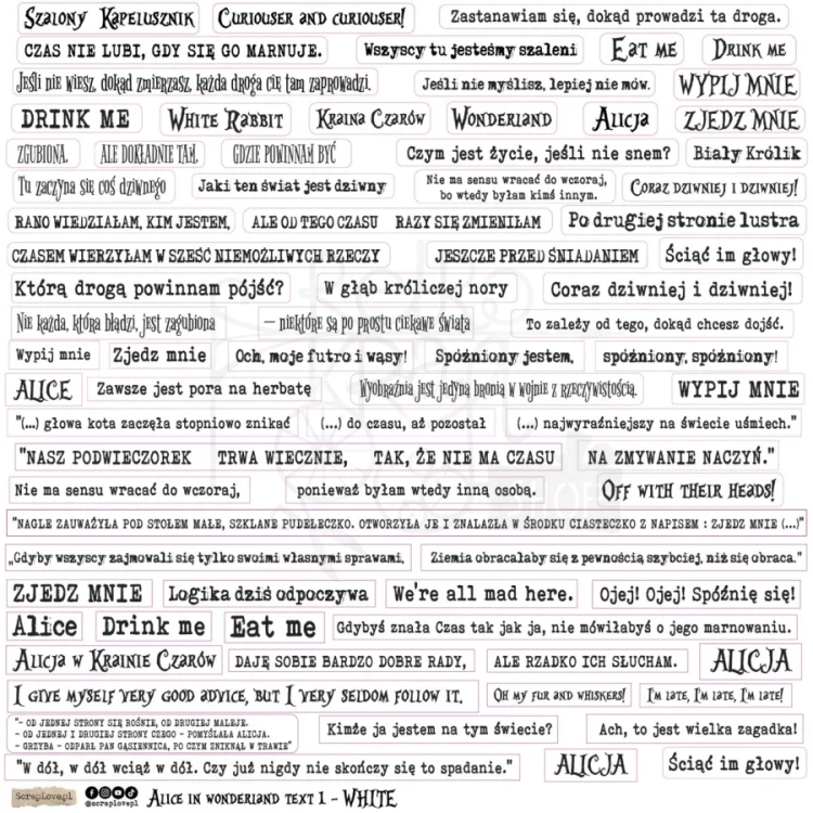 Naklejki papierowe do scrapbookingu i art journalingu Alice in Wonderland Text White ScrapLove