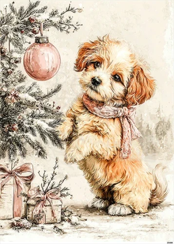 Papier ryżowy do decoupage A5 Piesek i choinka retro 23486