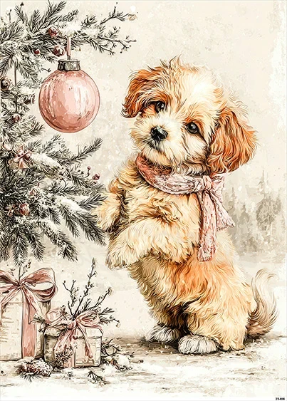 Papier ryżowy do decoupage A5 Piesek i choinka retro 23486