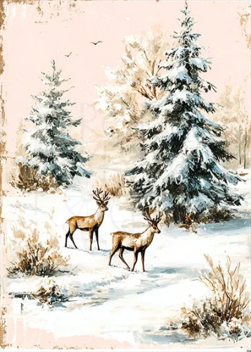 Papier ryżowy do decoupage A5 Zimowy las i jelenie retro 23485