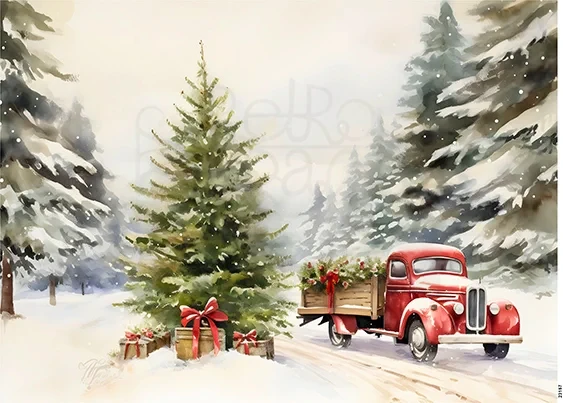 Papier ryżowy do decoupage A5 Choinka i ciężarówka retro 23157