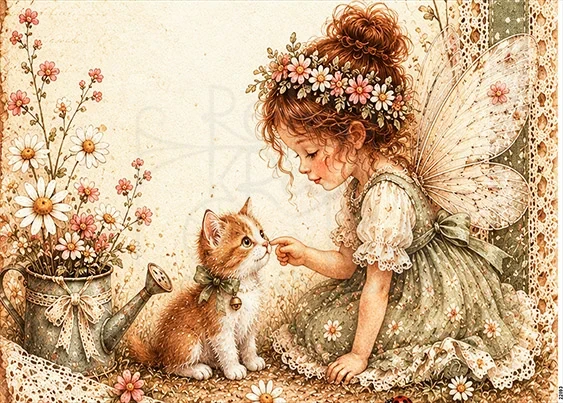 Papier ryżowy do decoupage A5 Dziewczynka elf i kotek retro 22893