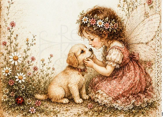 Papier ryżowy do decoupage A5 Dziewczynka elf i piesek retro 22892