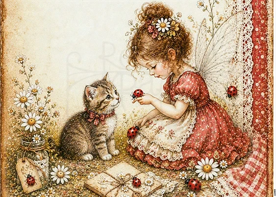 Papier ryżowy do decoupage A5 Dziewczynka elf i kotek retro 22889