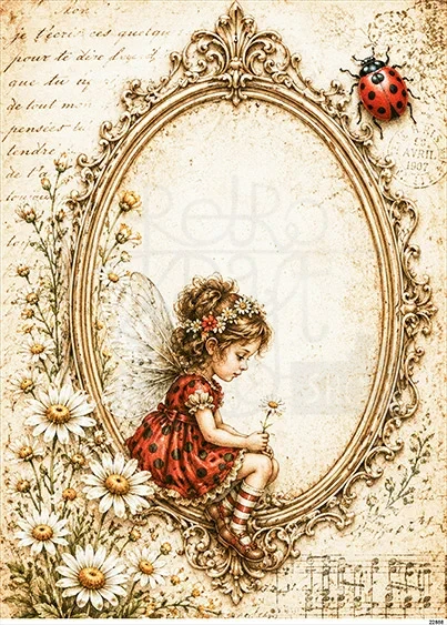Papier ryżowy do decoupage A5 Dziewczynka elf i ramka retro 22888