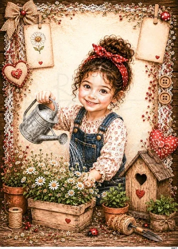 Papier ryżowy do decoupage A5 Dziewczynka i konewka retro 22877