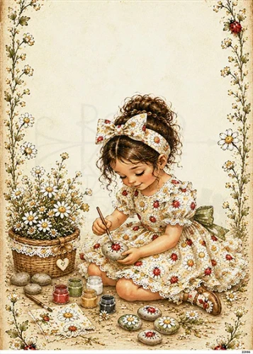 Papier ryżowy do decoupage A5 Dziewczynka malująca kamyki retro 22856