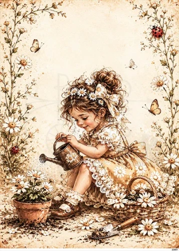 Papier ryżowy do decoupage A5 Dziewczynka i konewka retro 22851
