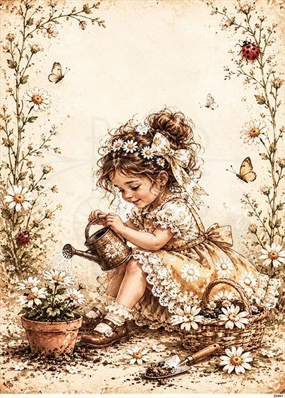 Papier ryżowy do decoupage A5 Dziewczynka i konewka retro 22851