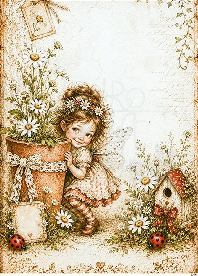 Papier ryżowy do decoupage A5 Dziewczynka elf i donica z kwiatami retro 22847