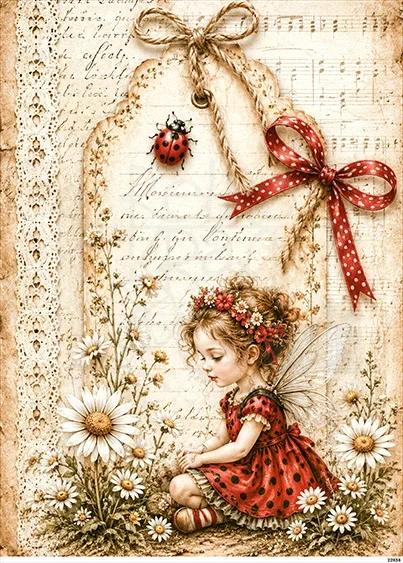 Papier ryżowy do decoupage A5 Dziewczynka elf kwiaty i kokardki retro 22838