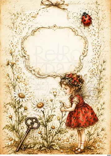 Papier ryżowy do decoupage A5 Dziewczynka elf kwiaty i klucz retro 22836
