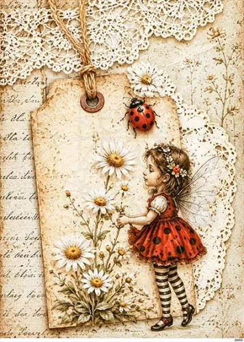 Papier ryżowy do decoupage A5 Dziewczynka elf kwiaty i biedronka retro 22833