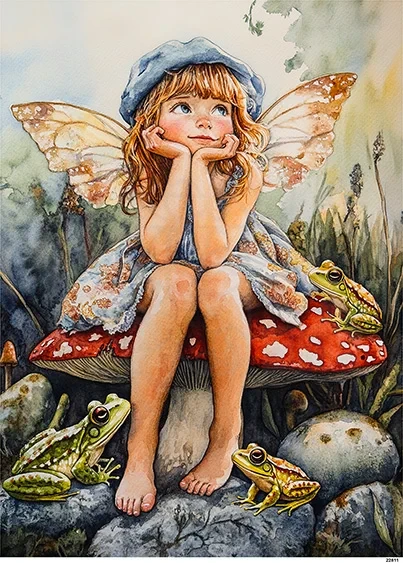 Papier ryżowy do decoupage A5 Dziewczynka elf na muchomorze i żaby 22811