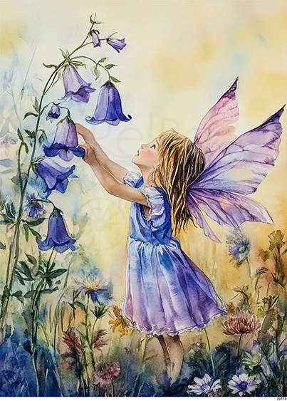 Papier ryżowy do decoupage A5 Dziewczynka elf i kwiaty dzwonki 22773
