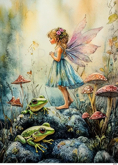 Papier ryżowy do decoupage A5 Dziewczynka elf grzyby i żaby 22751