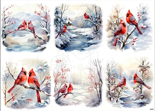 Papier ryżowy do decoupage A4 Zimowe ptaki kardynały na gałęzi 23468