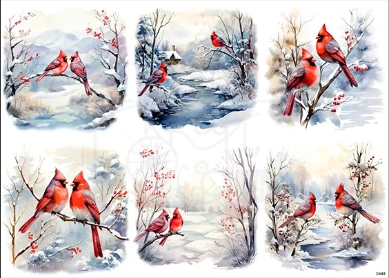 Papier ryżowy do decoupage A4 Zimowe ptaki kardynały na gałęzi 23468