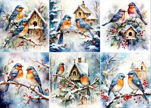 Papier ryżowy do decoupage A4 Zimowe ptaszki na gałęzi 23467
