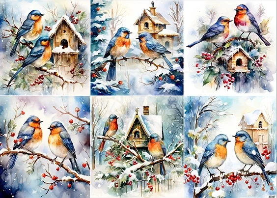 Papier ryżowy do decoupage A4 Zimowe ptaszki na gałęzi 23467